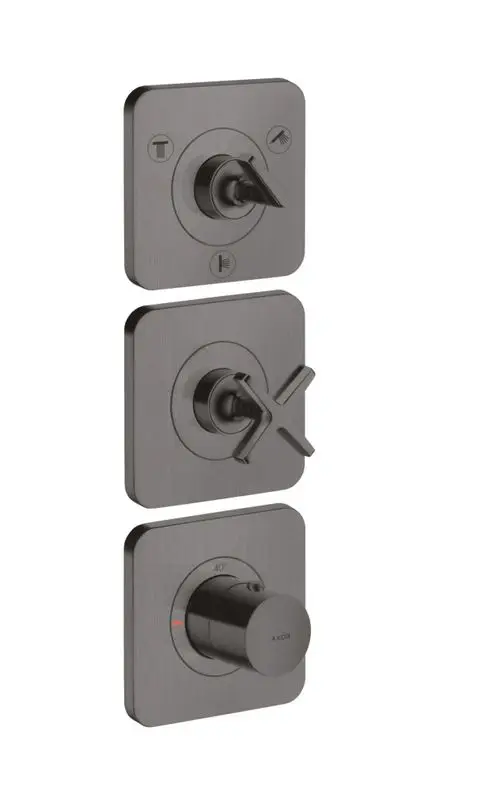 Thermostatmodul mit drei Bedienelementen für Wasser und Temperaturregulation. Ausführung in gebürstetem Schwarzchrom, Marke AXOR.